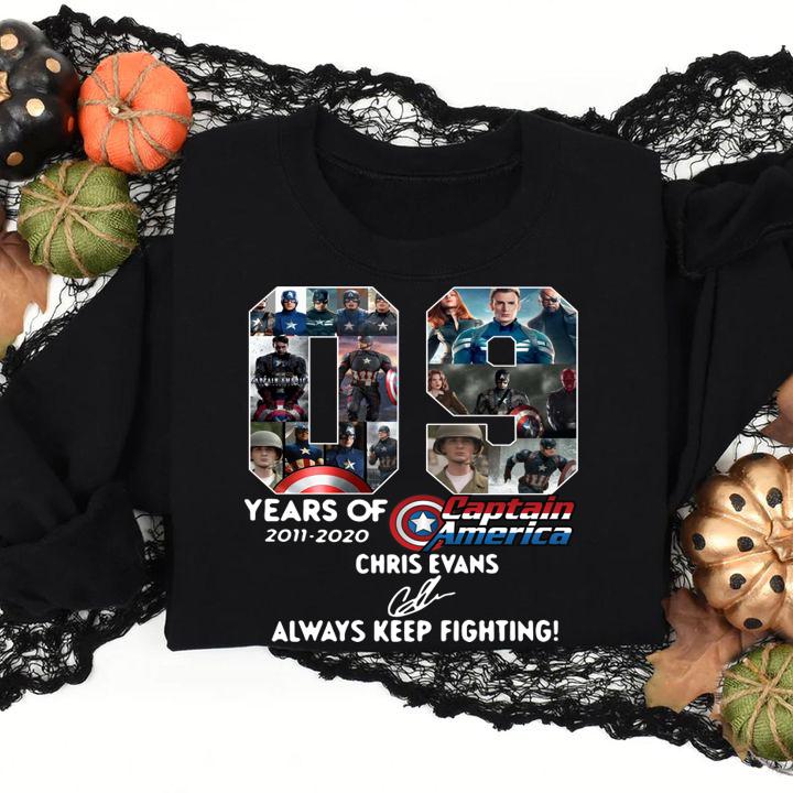 09 years of 2011-2020 Captain America Chris Evans signature always keep fighting t-shirt