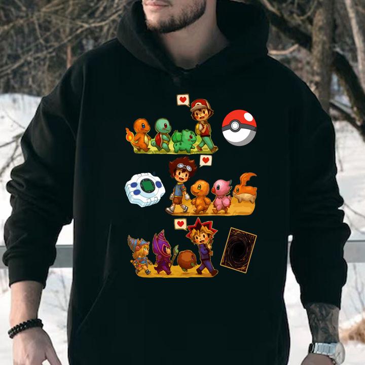 Satoshi Pokemon Yagami Taichi Digimon Adventure Yami Yugi Yu-Gi-Oh t-shirt