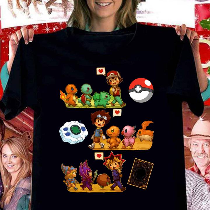 Satoshi Pokemon Yagami Taichi Digimon Adventure Yami Yugi Yu-Gi-Oh t-shirt