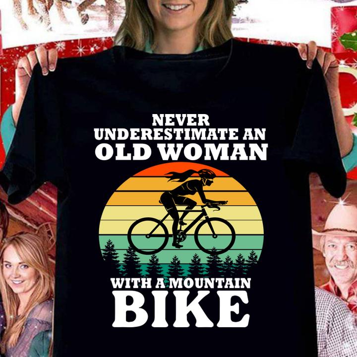 Never Underestimate An Old Woman With A Mountain Bike Vintage Retro t-shirt