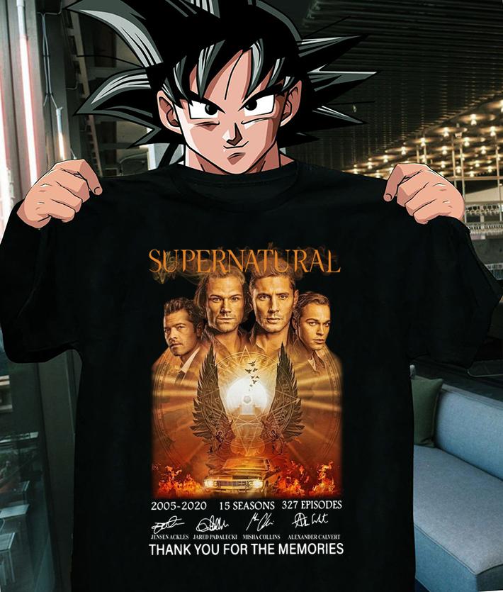 Supernatural 2005-2020 15 seasons 327 episodes signatures thank you for the memories t-shirt