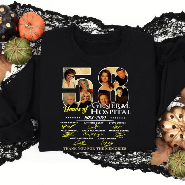 general hospital 58 years of 1963 2021 signatures thank you for the memories sweatshirt - General Hospital 58 years of 1963-2021 signatures thank you for the memories t-shirt