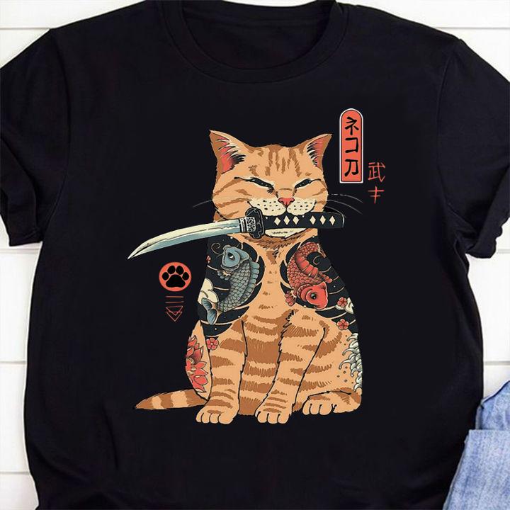 Cat Sitting with Katana Japanese Samurai Cat t-shirt 9 custom-printed t-shirts