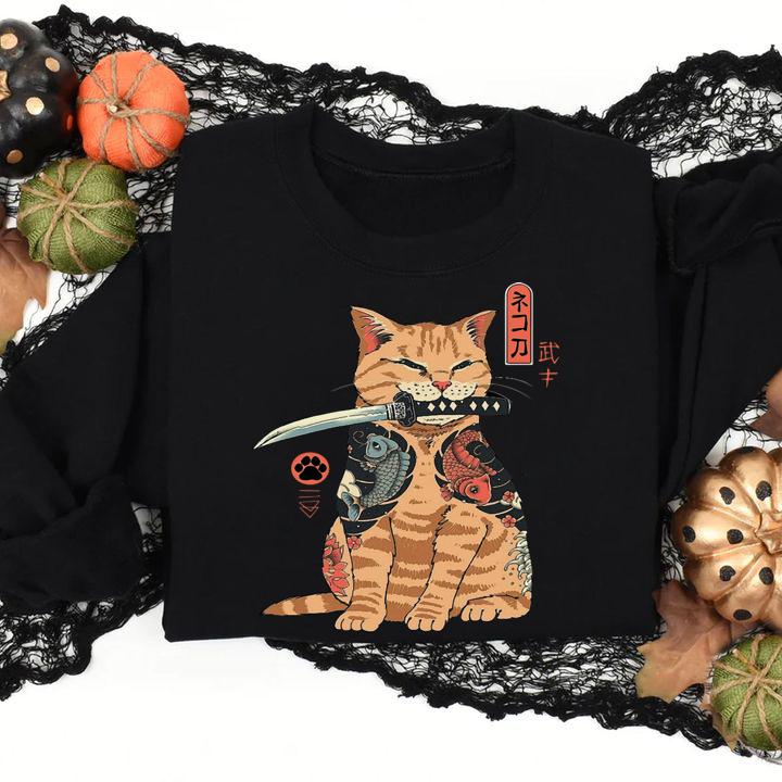 Cat Sitting with Katana Japanese Samurai Cat t-shirt