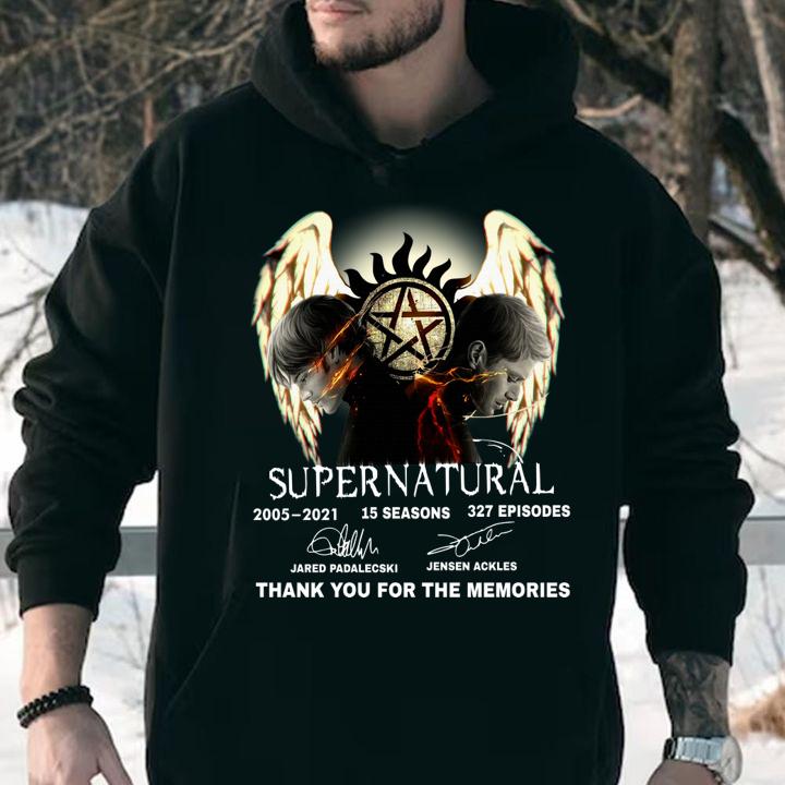 Supernatural 2005-2021 15 seasons 327 episodes signatures thank you for the memories12 t-shirt