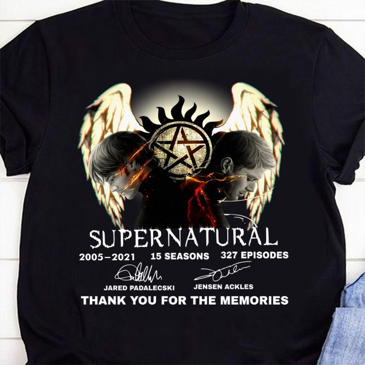 Supernatural 2005-2021 15 seasons 327 episodes signatures thank you for the memories12 t-shirt 45 Clothing