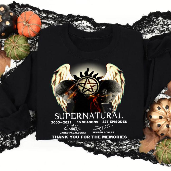 Supernatural 2005-2021 15 seasons 327 episodes signatures thank you for the memories12 t-shirt