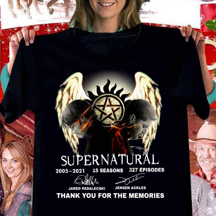 Supernatural 2005-2021 15 seasons 327 episodes signatures thank you for the memories12 t-shirt