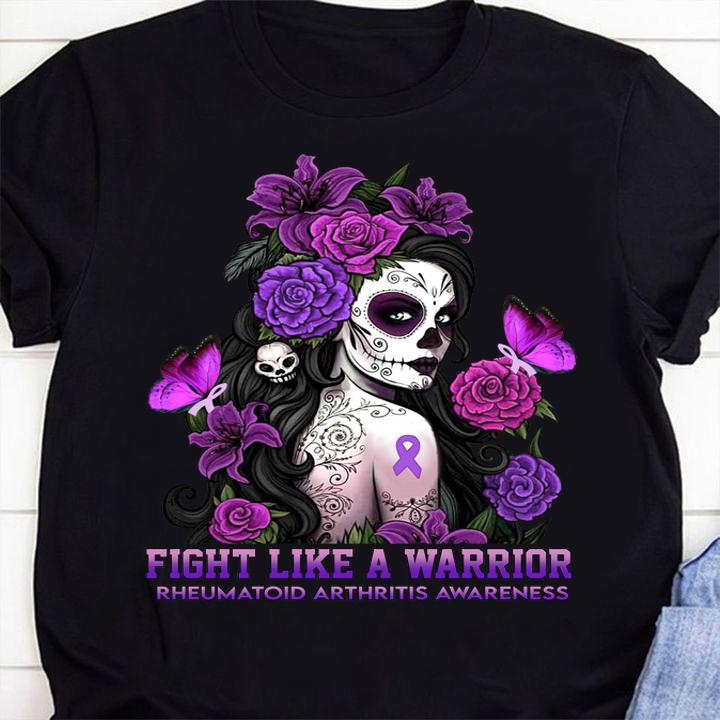 Woman Tattoos Fight Like A Warrior Rheumatoid Arthritis Awareness Flowers Butterflies t-shirt 10