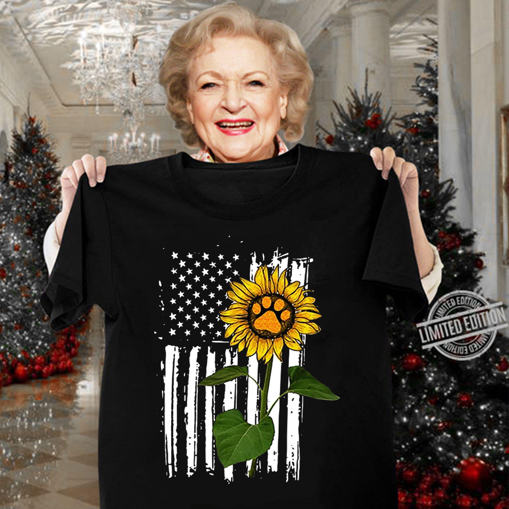 america flag sunflower paw dog t-shirt
