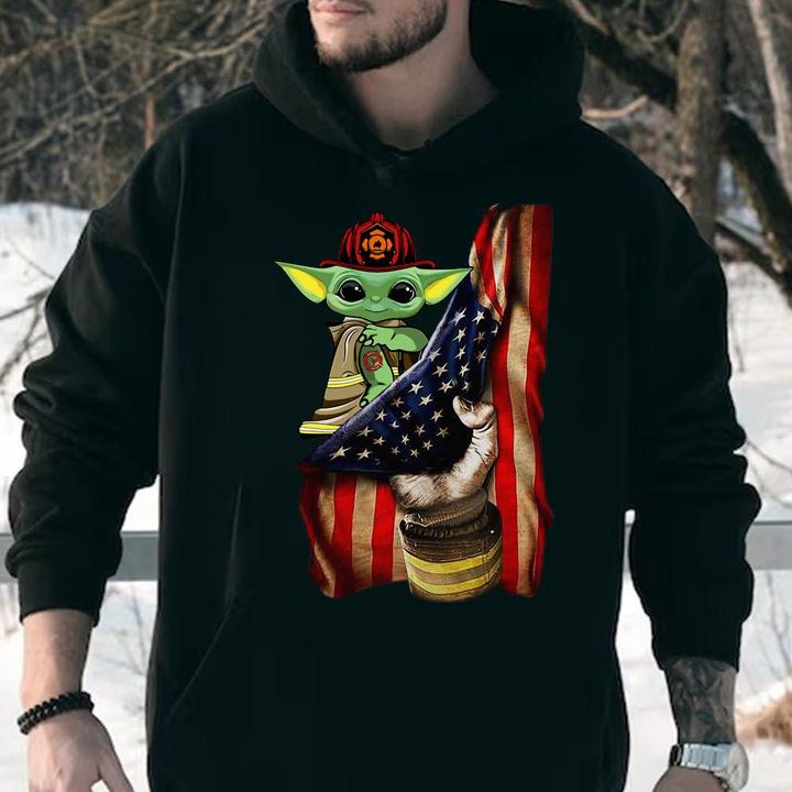 American Flag Baby Yoda Tattoo Firefighters t-shirt