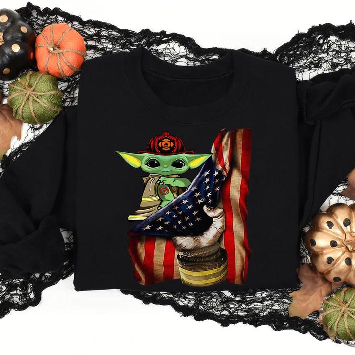 American Flag Baby Yoda Tattoo Firefighters t-shirt