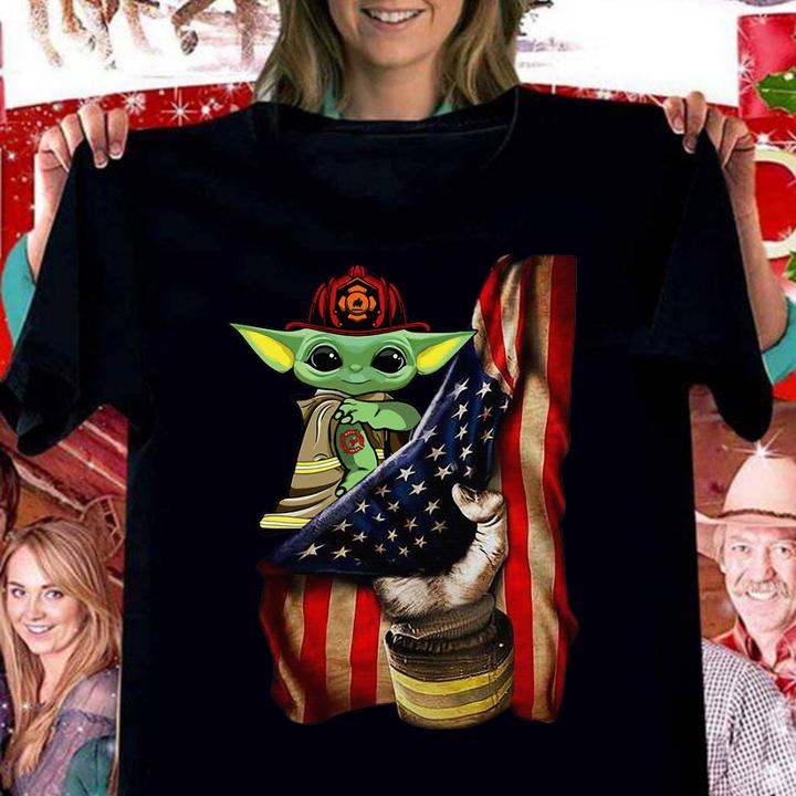 American Flag Baby Yoda Tattoo Firefighters t-shirt