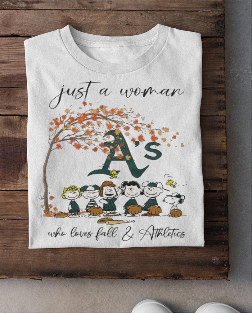 Peanuts Snoopy Just A Woman Who Loves Fall and Oakland Athletics t-shirt