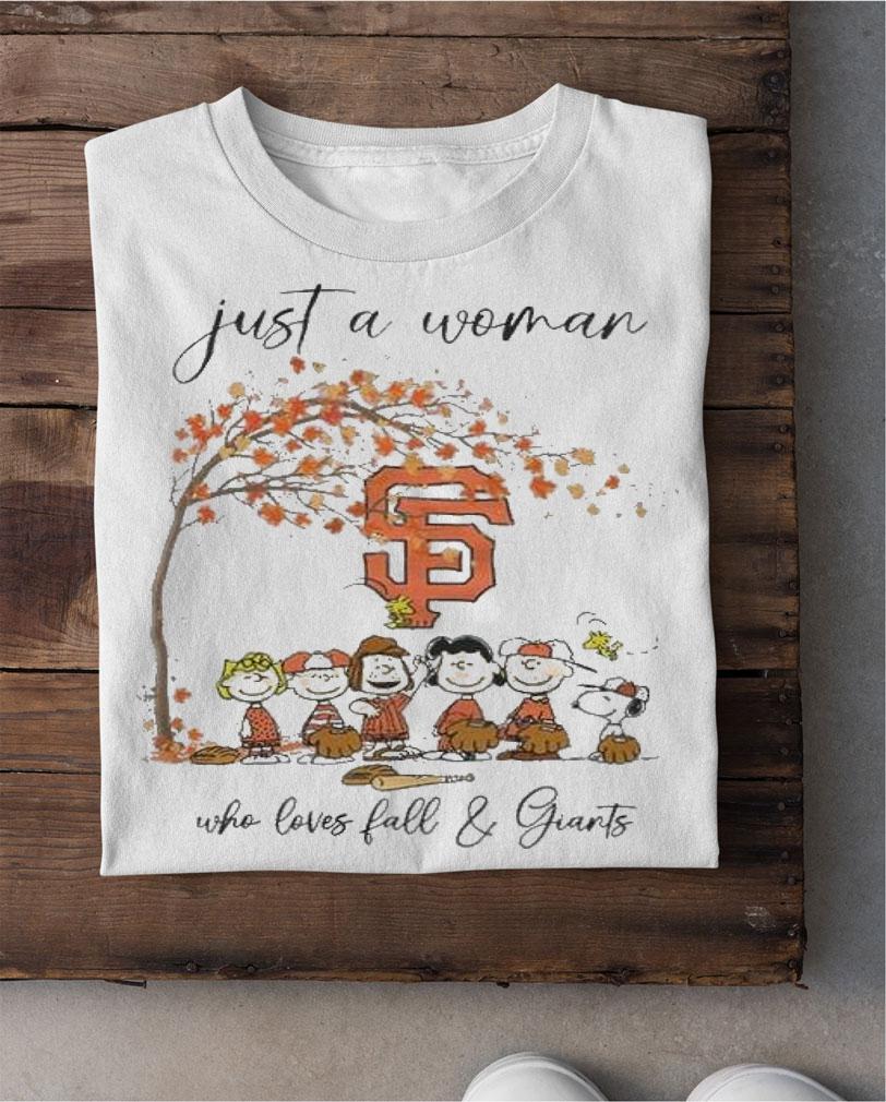 Peanuts Snoopy Just A Woman Who Loves Fall and San Francisco Giants t-shirt