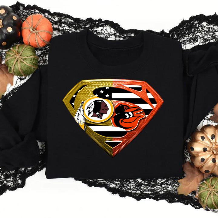 Pretty Superman Washington Redskins and Baltimore Orioles t-shirt
